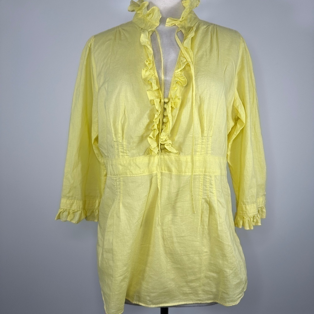 Stetson Women's 100% Cotton Yellow Blouse 3/4 Sleeves Rushed Size L Size Zip